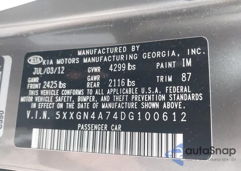 2013 Kia Optima Ex z USA, uszkodzony, nr VIN 5XXGN4A74DG100612